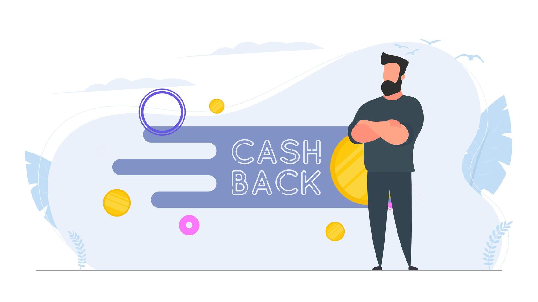 Confident Businessman. Cashback lettering isolated on white background. Golden coins. Composition on the subject of money back. . vector