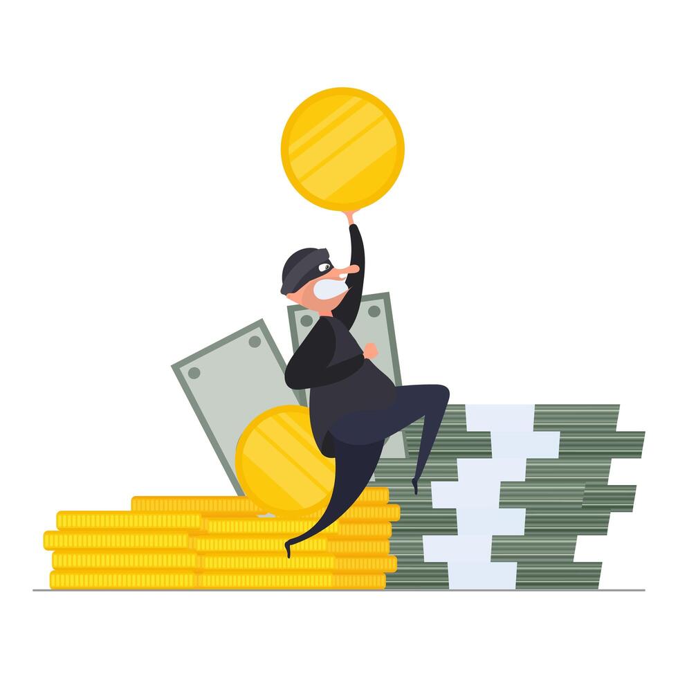 The robber holds a gold coin in his hands. vector