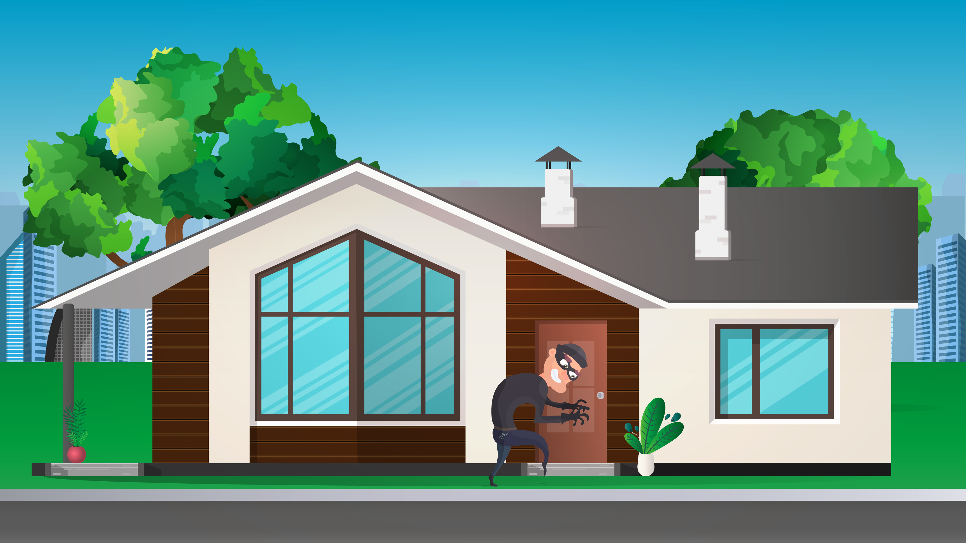 A thief sneaks into the house. The robber is trying to crack the door. Sign  of robbery. Security concept. Vector illustration. 5118451 Vector Art at  Vecteezy