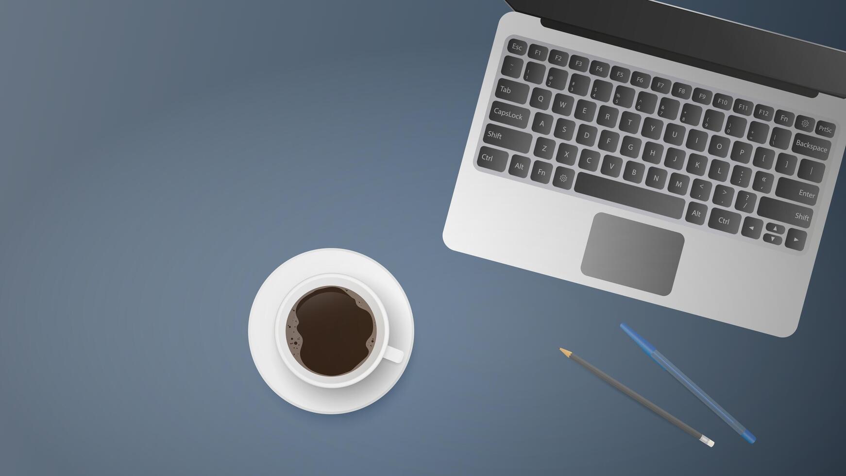 Flat lay of office workplace. Work table top view. Open laptop, cup of coffee, pen, pencil. Realistic vector illustration.