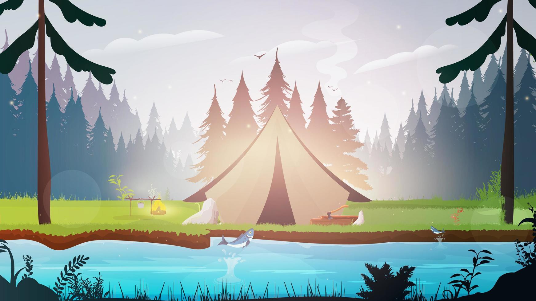 Camping with a tent in the forest. Forest with a river. Bonfire, food on a fire, logs, ax. The concept of fishing and camping. Vector. vector