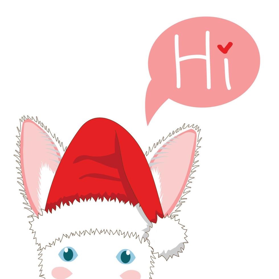 White Rabbit with Santa Hat Sneaking. Greeting Card Christmas Day. Vector Illustration.