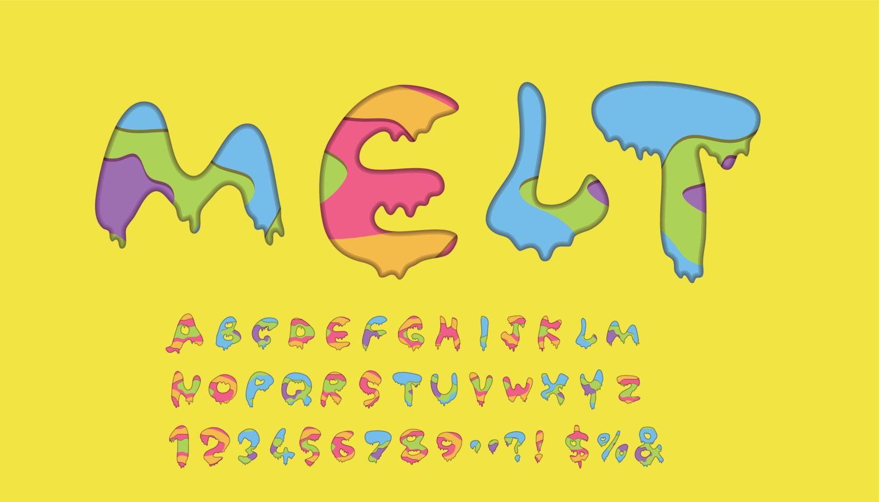 letras coloridas con efecto de texto derretido en fondo amarillo. vector