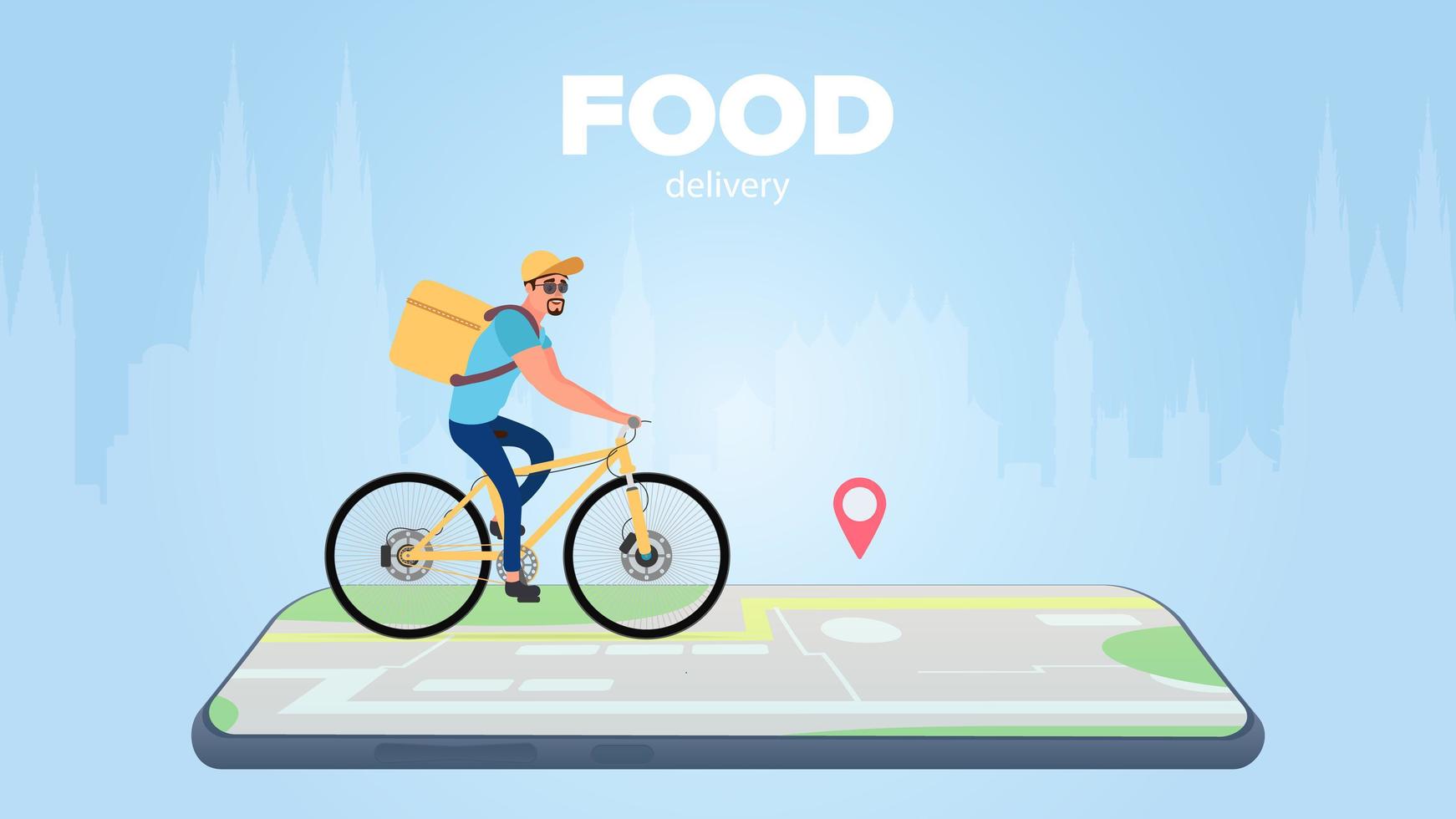 Food delivery banner. Cyclist with a yellow backpack on a bicycle. Map with a mark. Smartphone order delivery concept. Vector. vector