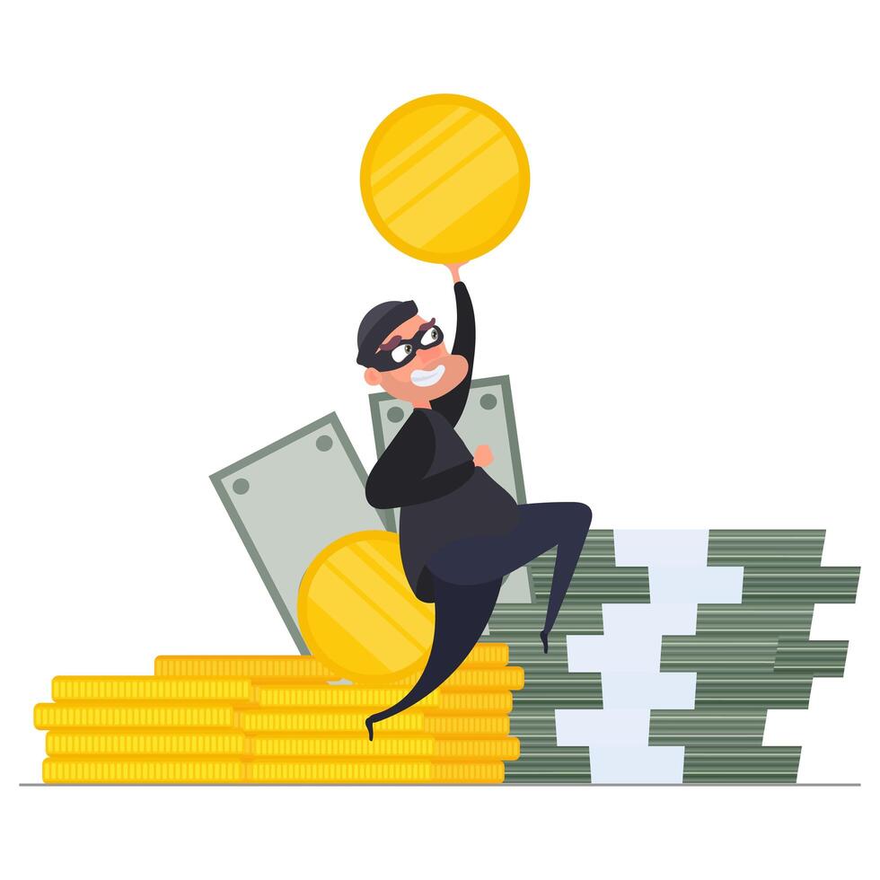 The robber holds a gold coin in his hands. The thief stole the money. Gold coins, dollars, money. Robbery and security concept. Isolated. Vektor. vector
