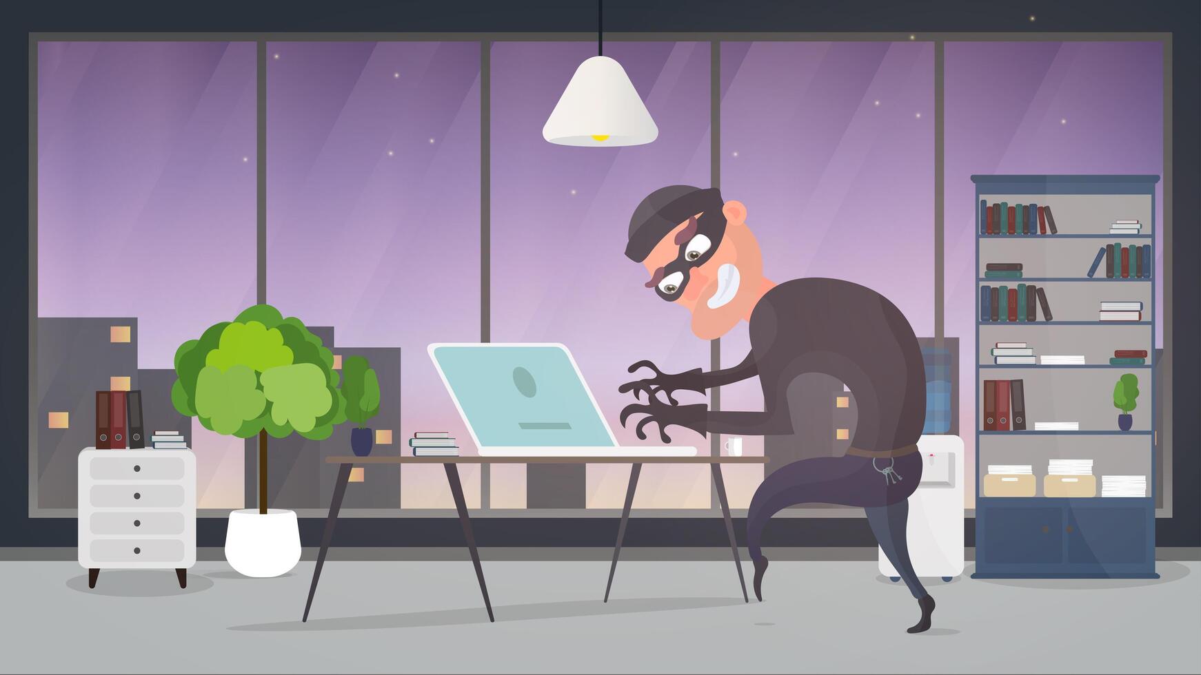 Thief in the house. A robber steals data from a laptop. Safety concept. Thief man stealing an apartment. A robber robbed a house. Flat style. illustration. vector