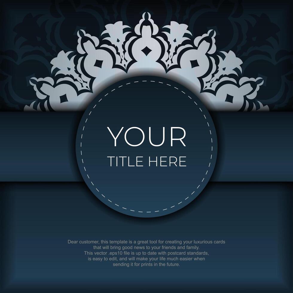 Dark blue postcard template with white abstract ornament. Elegant and classic vector elements are great for decoration.