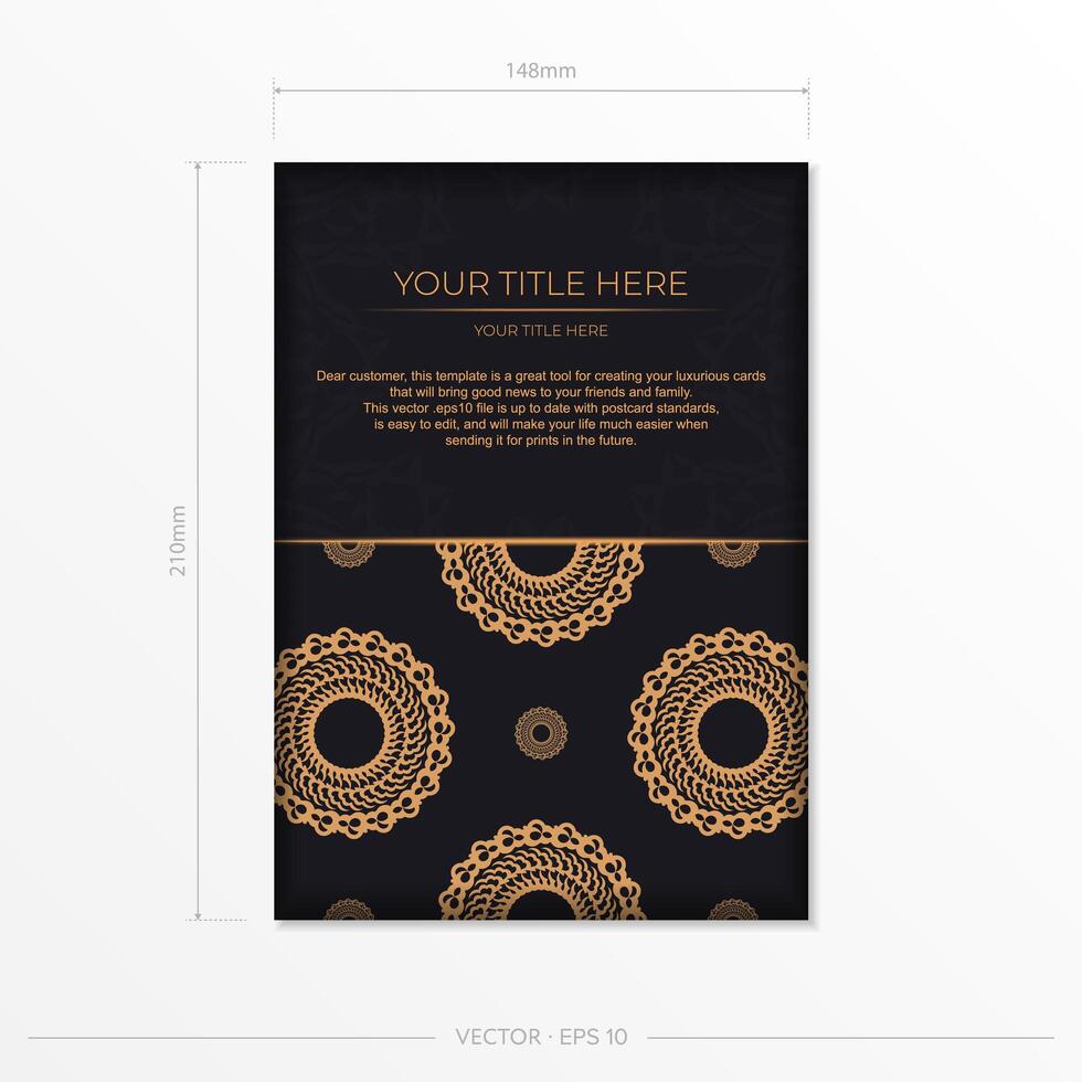 Dark black gold postcard template with white abstract mandala ornament. Elegant and classic elements ready for print and typography. vector
