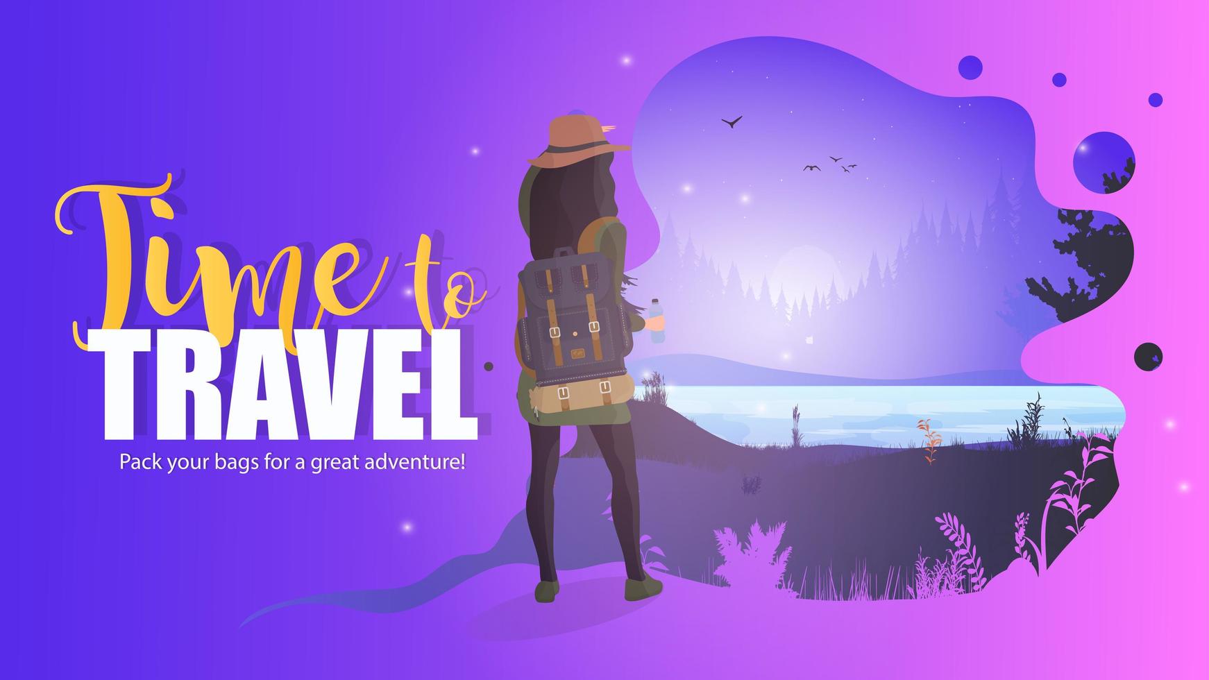 Time to travel banner. The girl looks at the forest. Girl with a backpack. Forest with a river. Vector illustration.