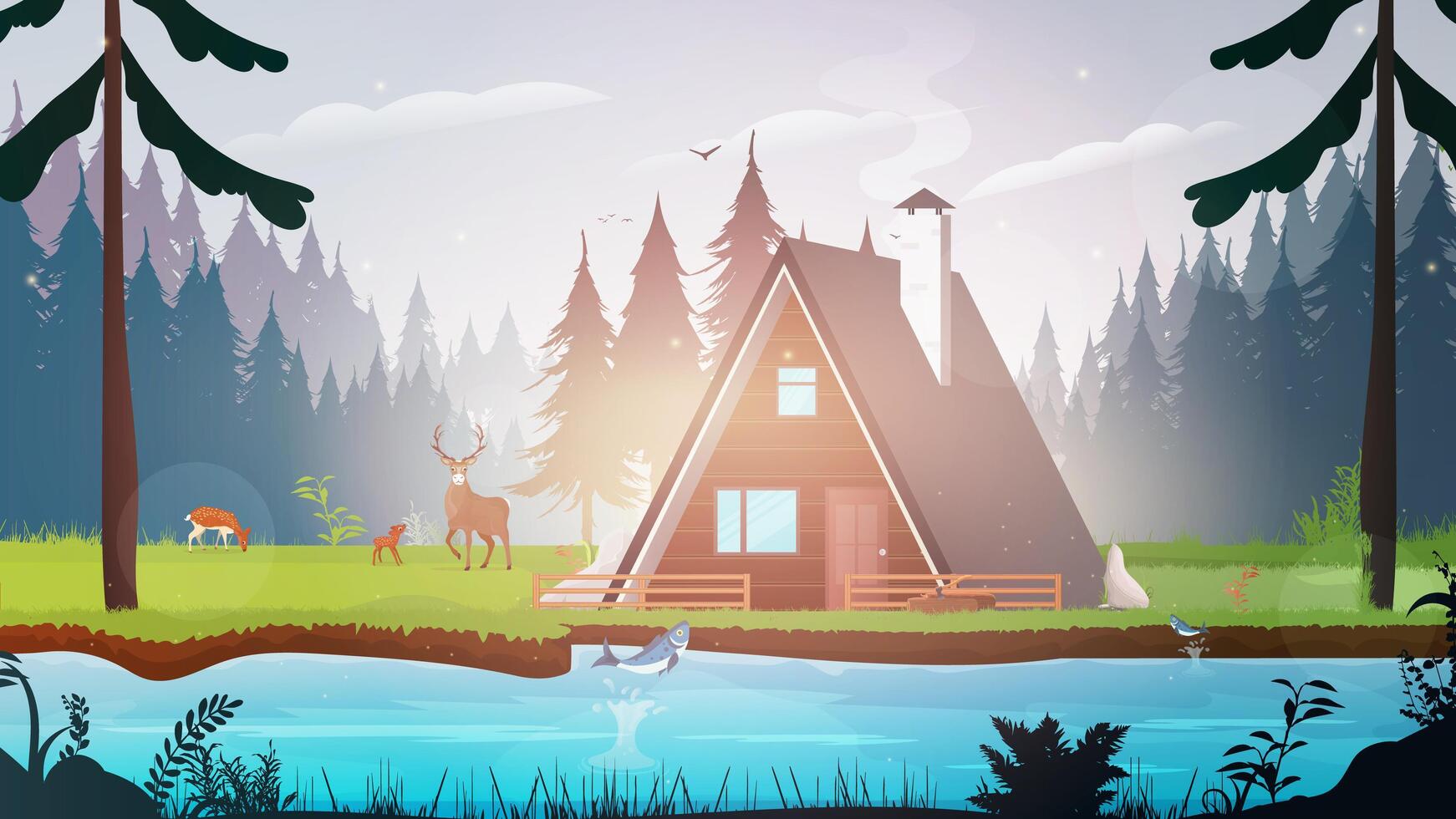 casa en el bosque. bosque con un río. un lugar para relajarse el fin de semana. familia de ciervos en el prado. el pez salta fuera del agua. vector. vector