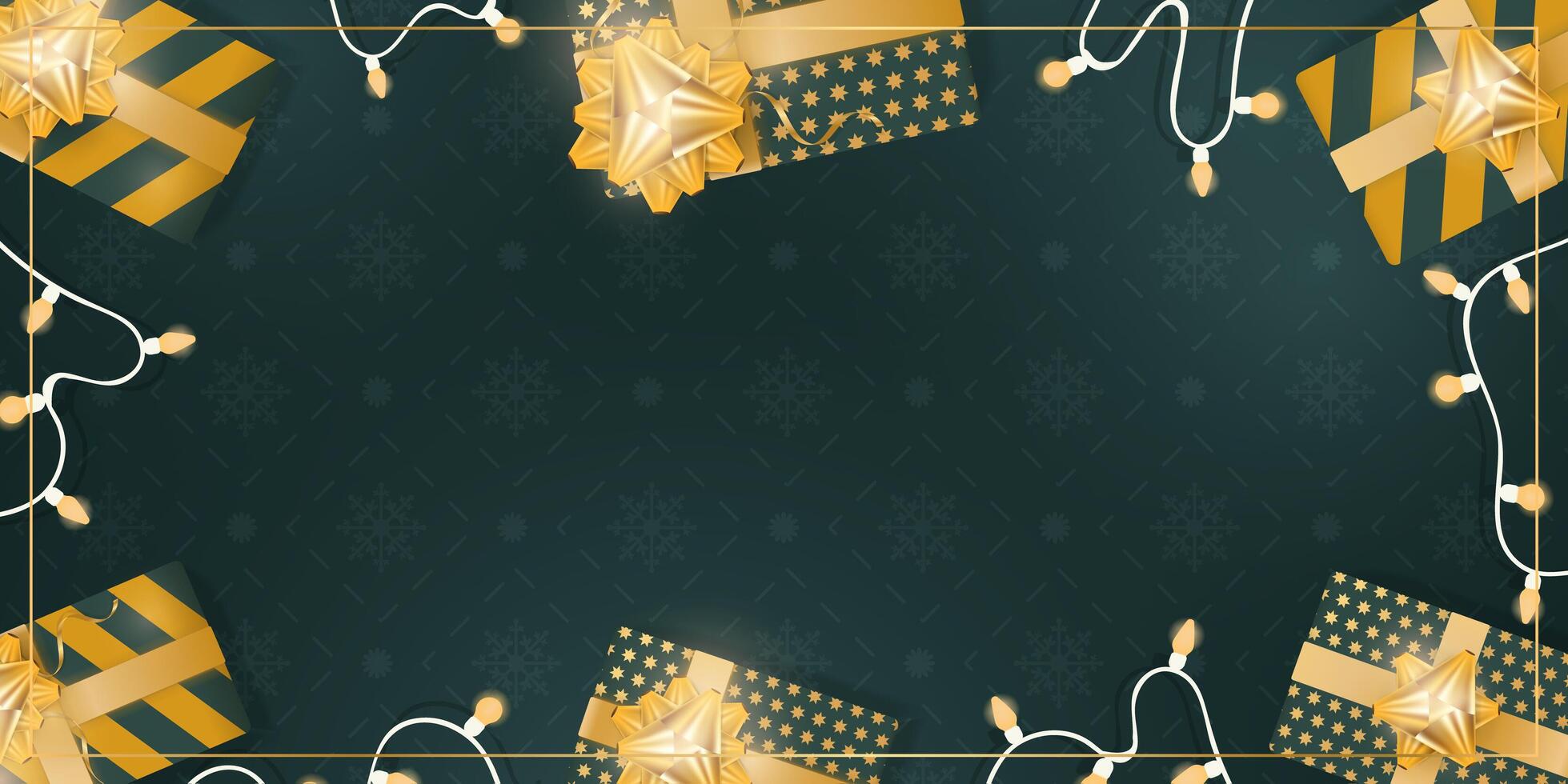 Green background with realistic gift boxes with gold ribbons and bows. Garlands with bulbs. View from above. Banner with space for text. ippustration. vector