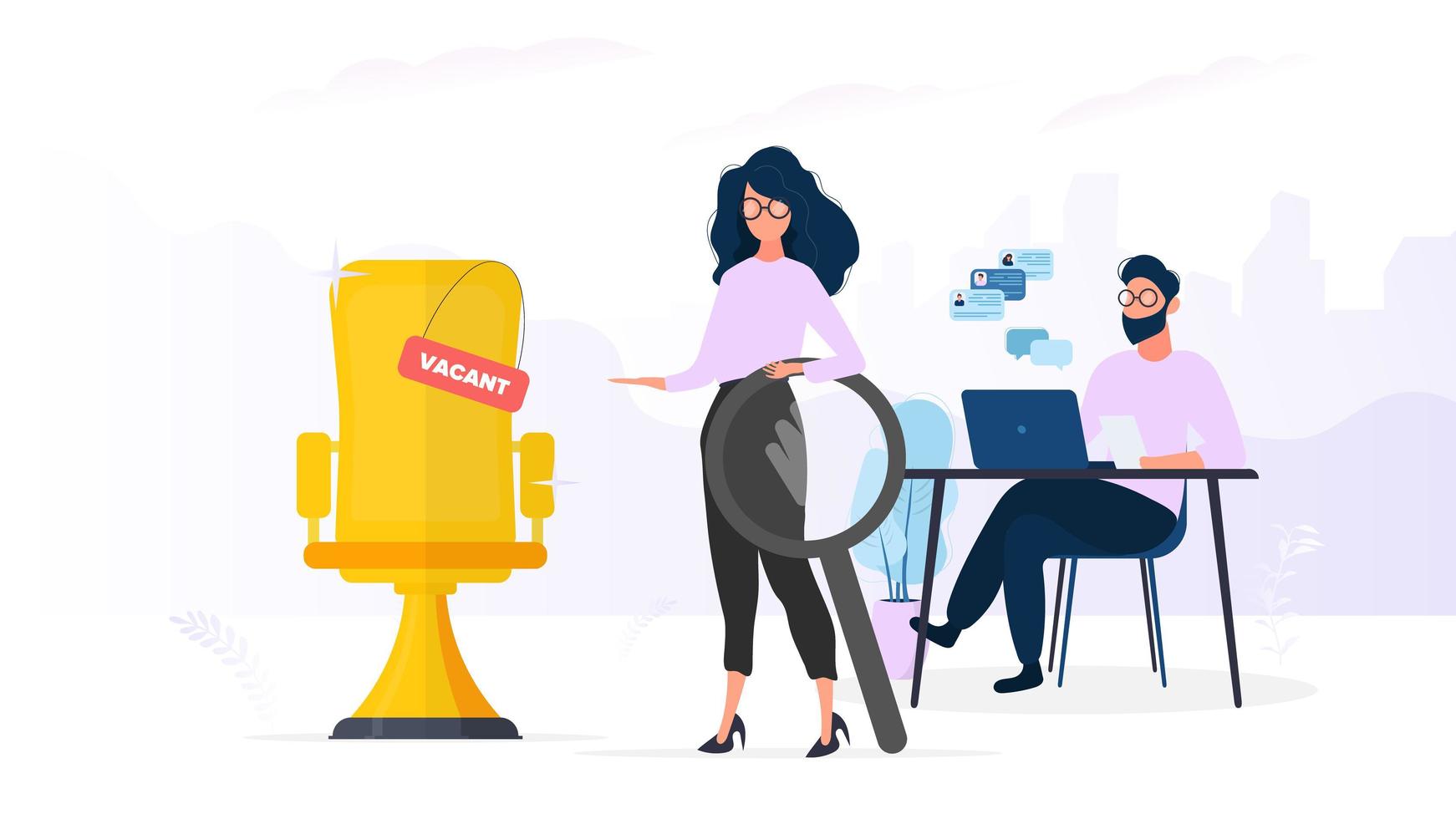 HR banner. Stylish girl with glasses. The girl holds a magnifier in her hands and shows a vacant place. A guy is looking at a resume for a laptop. The concept of finding people for work. Vector