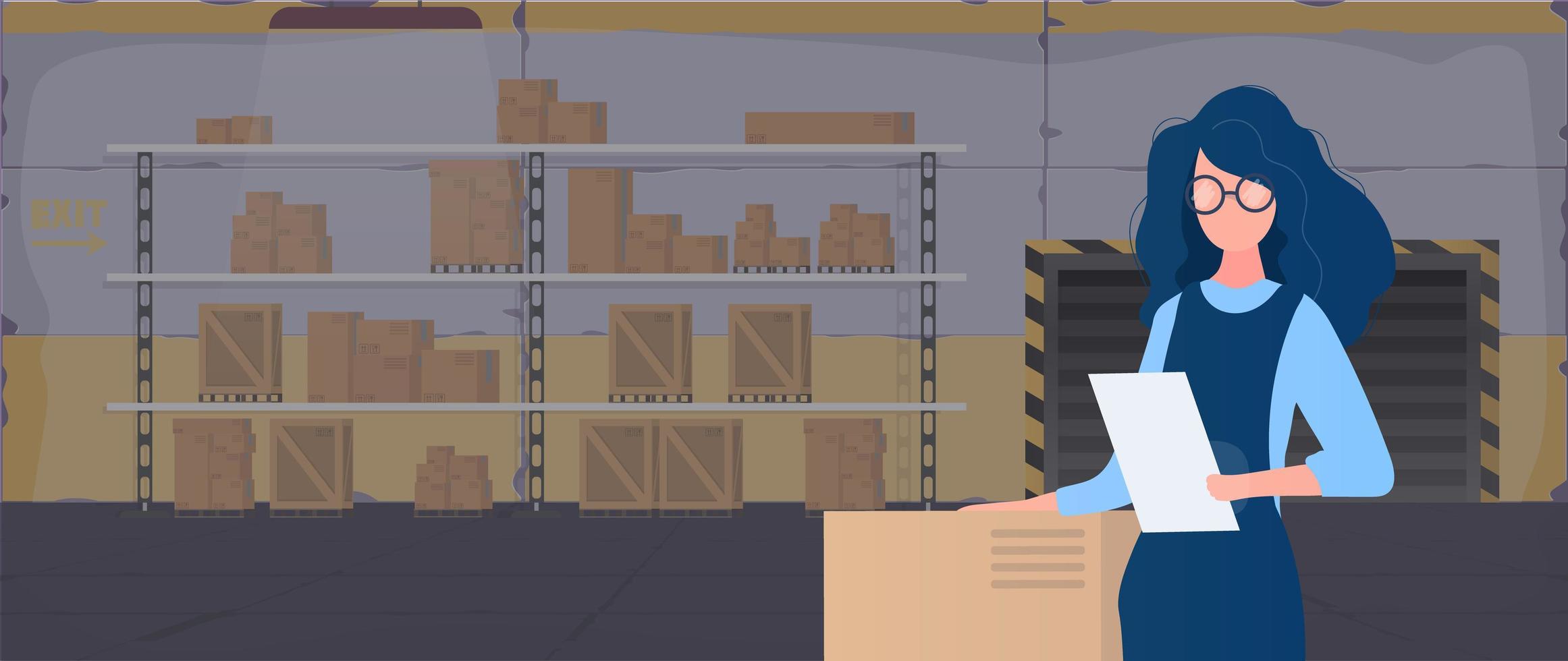 Large warehouse with drawers. Rack with drawers and boxes. A girl with a list of goods in her hands. A woman holds an invoice in her hand. Carton boxes. Vector. vector