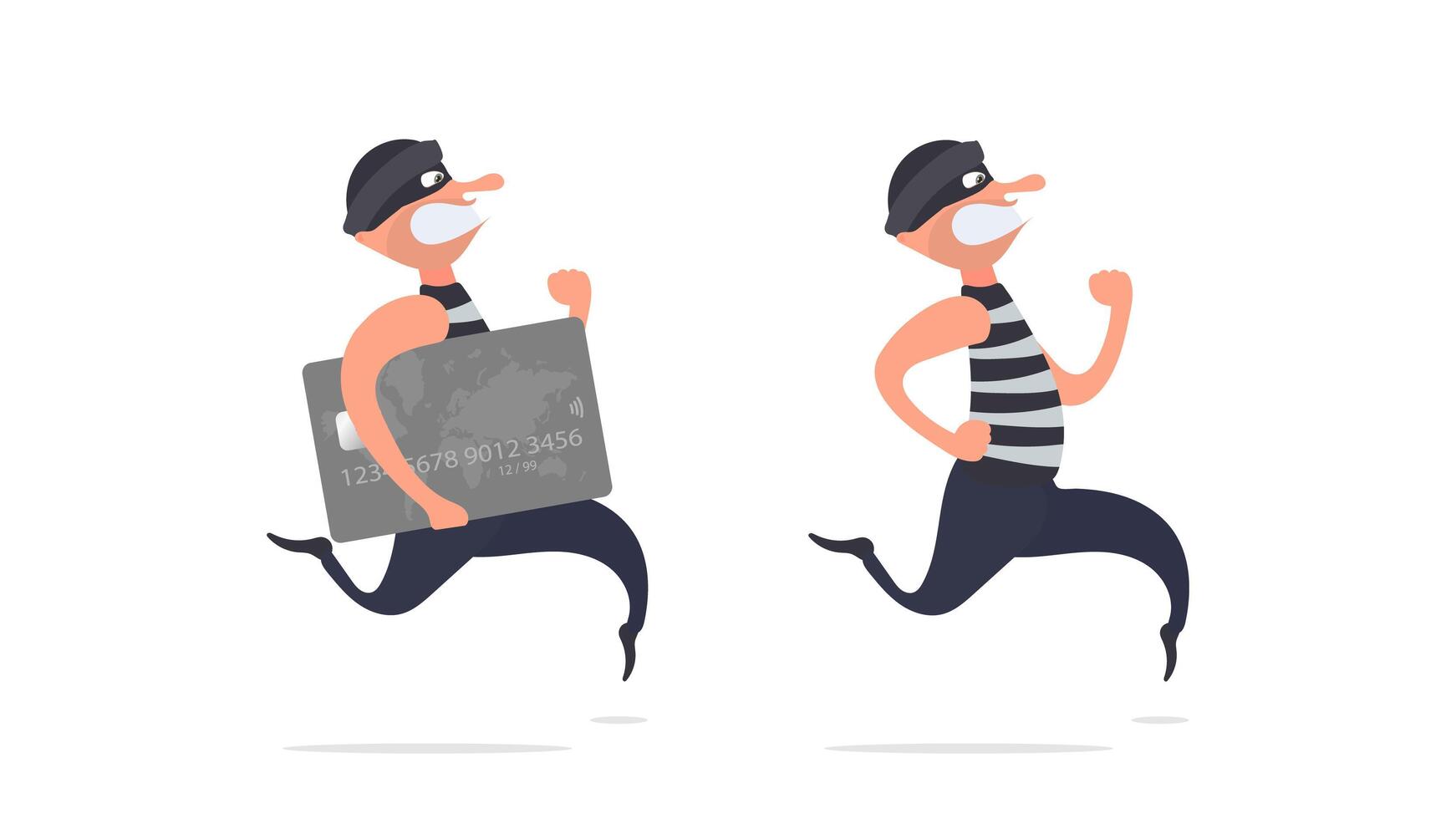 The robber runs away with a credit card. The criminal is running with a bank card. Cartoon style illustration. Good for security, robbery and fraud topics. Isolated. . vector