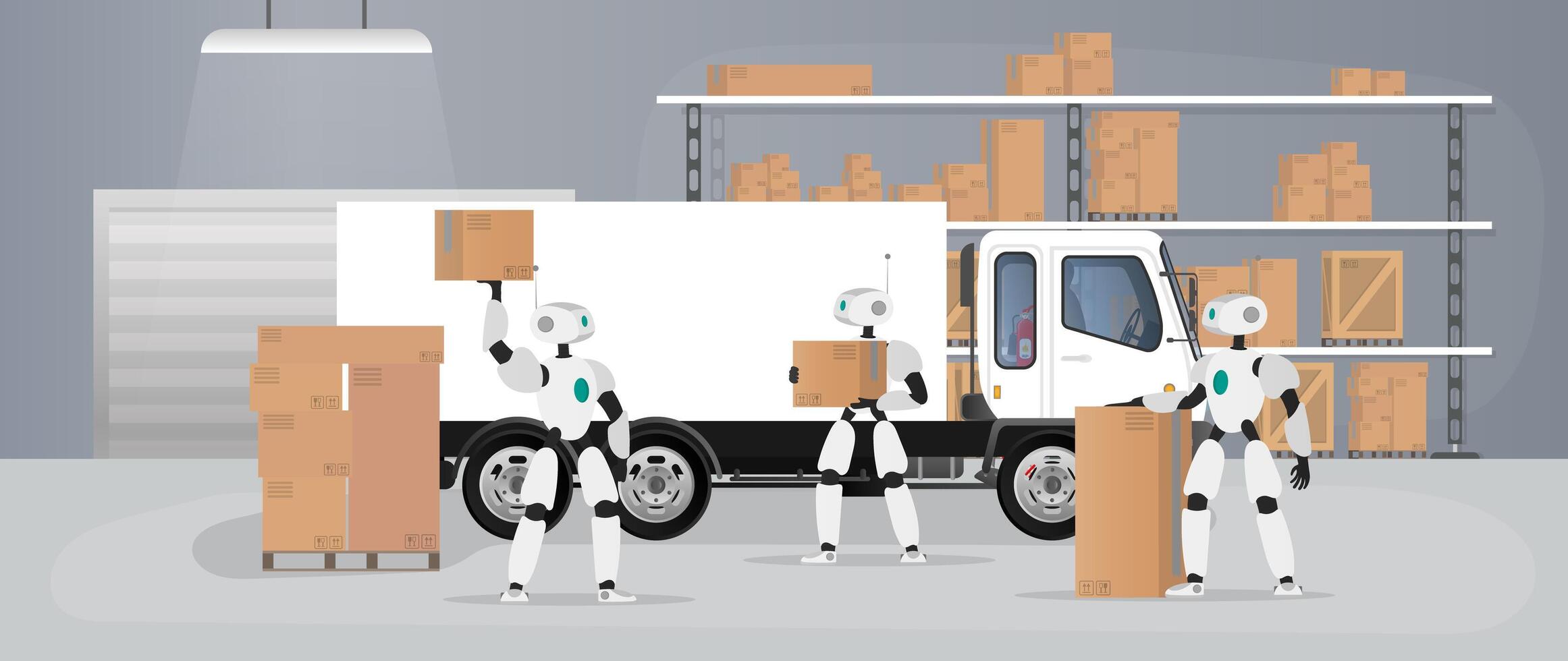 Robots work in a manufacturing warehouse. Robots carry boxes and lift the load. Futuristic concept of delivery, transportation and loading of goods. Large warehouse with boxes and pallets. Vector. vector