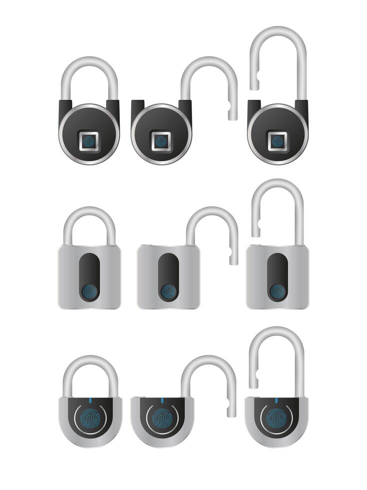Set of padlocks with fingerprint scanner. A modern padlock is opened with a fingerprint. Isolated. Vector. vector
