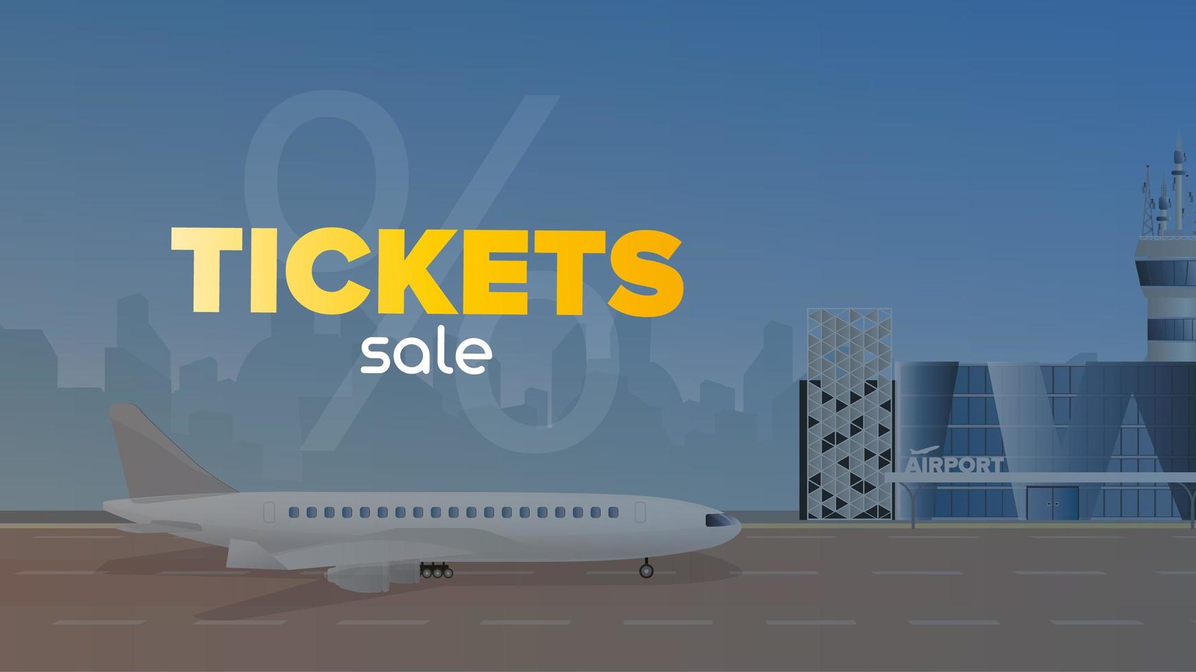 Ticket sale banner. Discount on air tickets. Airplane, airport, runway, city forces. Vector. vector