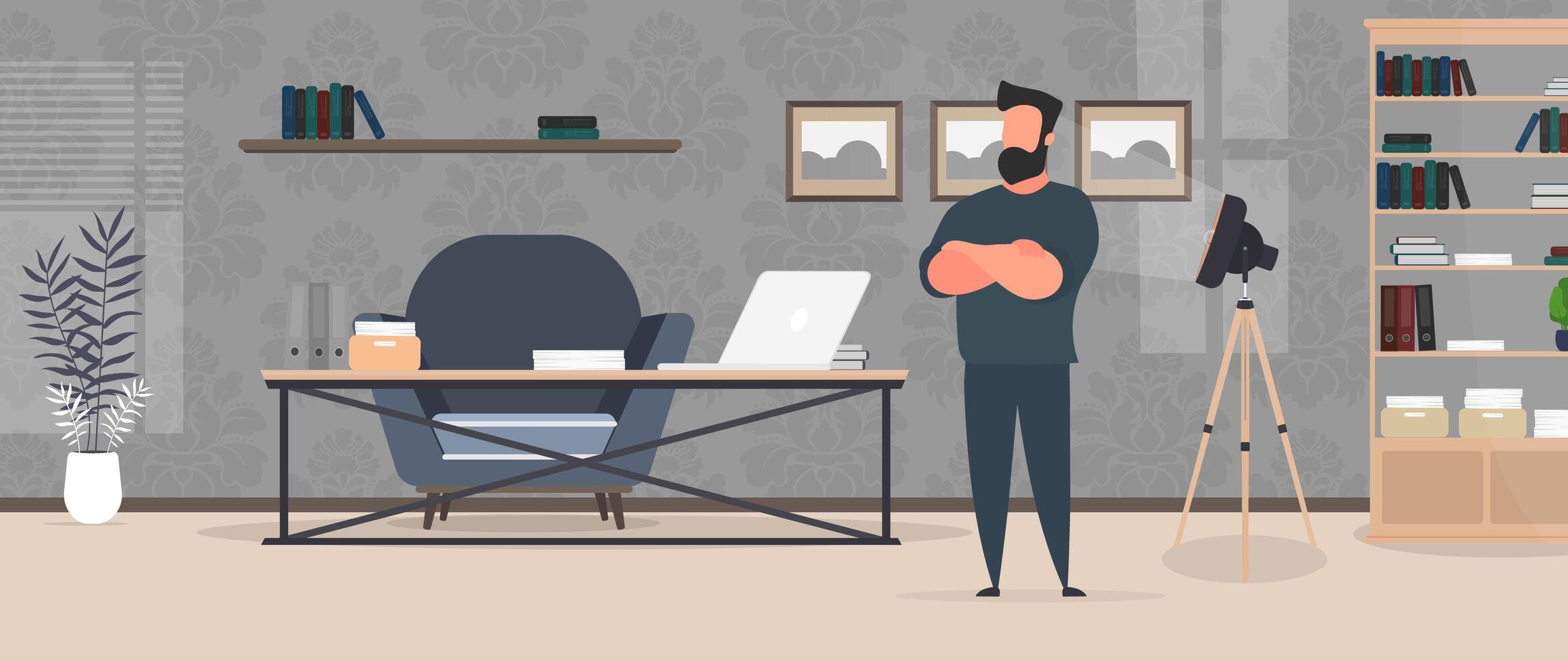 The director is in the office. Businessman in the office. Loft-style room. Bright room. Workplace. Table with laptop, books and documents. Flower in a pot, wooden cabinet. Vector. vector