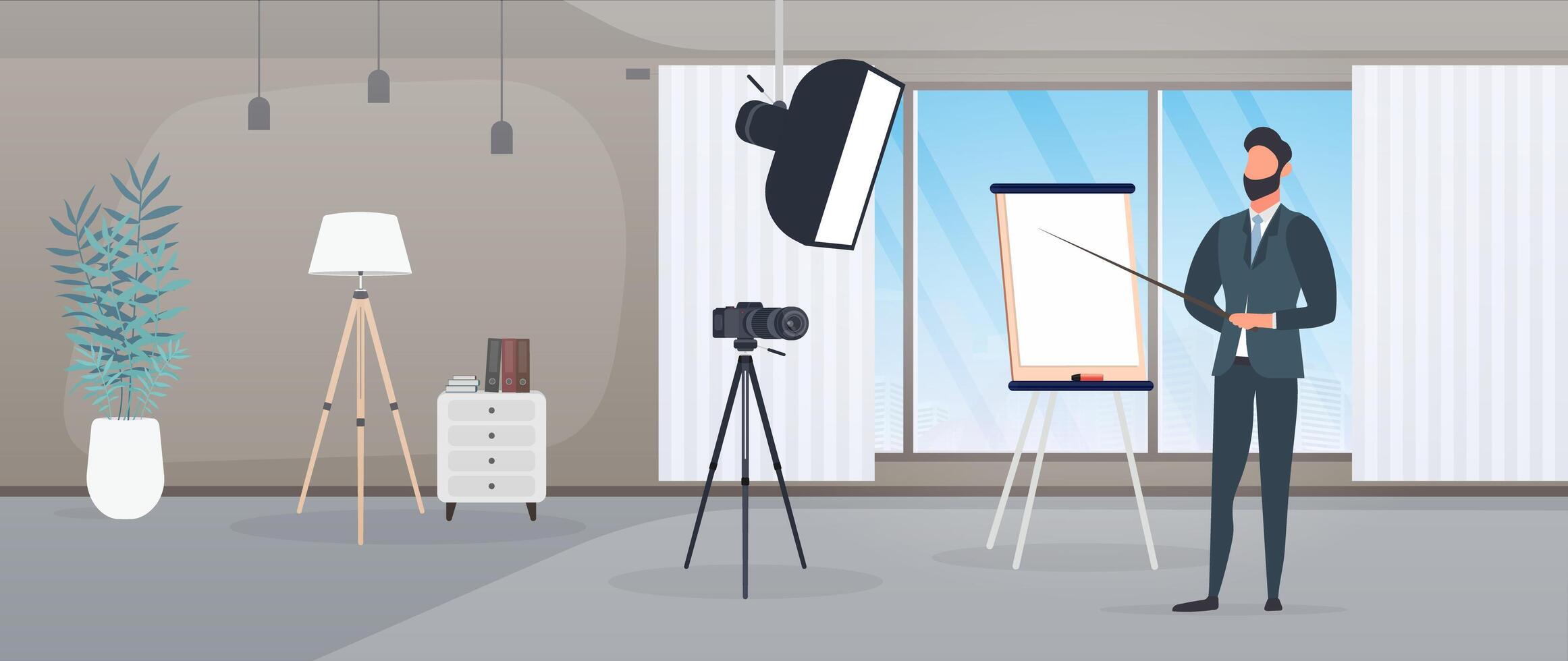 A man in a business suit with a tie is giving a presentation to the camera. The teacher is writing a lesson. The concept of blogging, online training and conferences. Camera on a tripod, softbox. vector