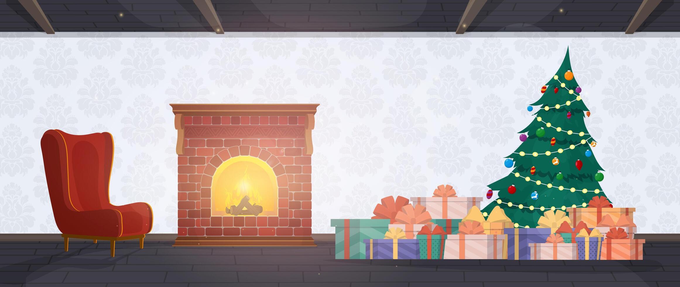 Christmas tree and fireplace in a room vector