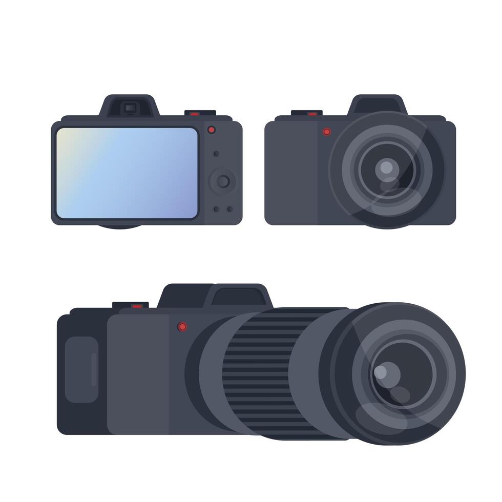 Set of black camera. Large screen camera isolated on a white background. Foreground and background. Vector. vector