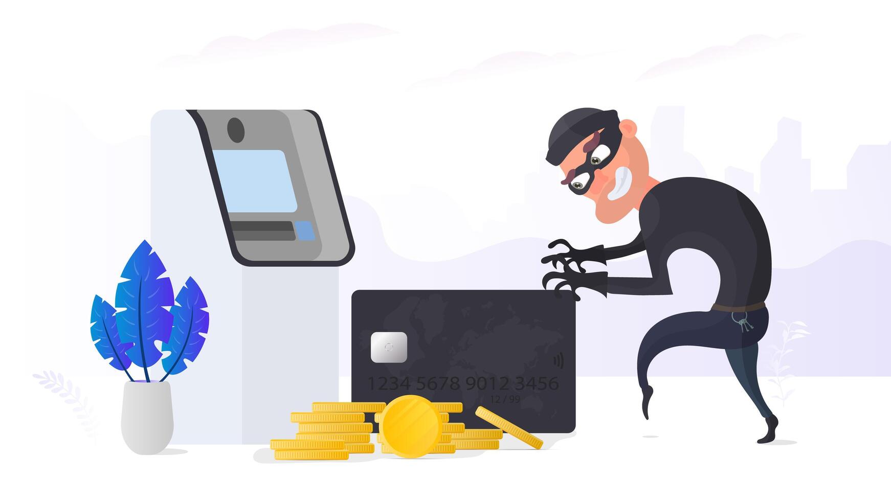The robber steals a bank card. The thief is trying to steal a bank card. ATM, gold coins. Fraud concept. . vector