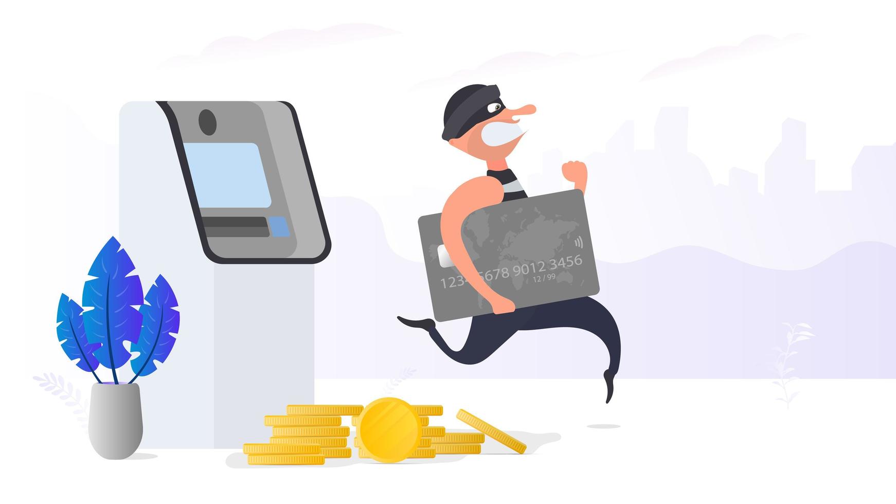 ladrón se escapa con una tarjeta de crédito. el criminal corre con una tarjeta bancaria. cajero automático de robo ilustración de estilo de dibujos animados. concepto de fraude. vector. vector