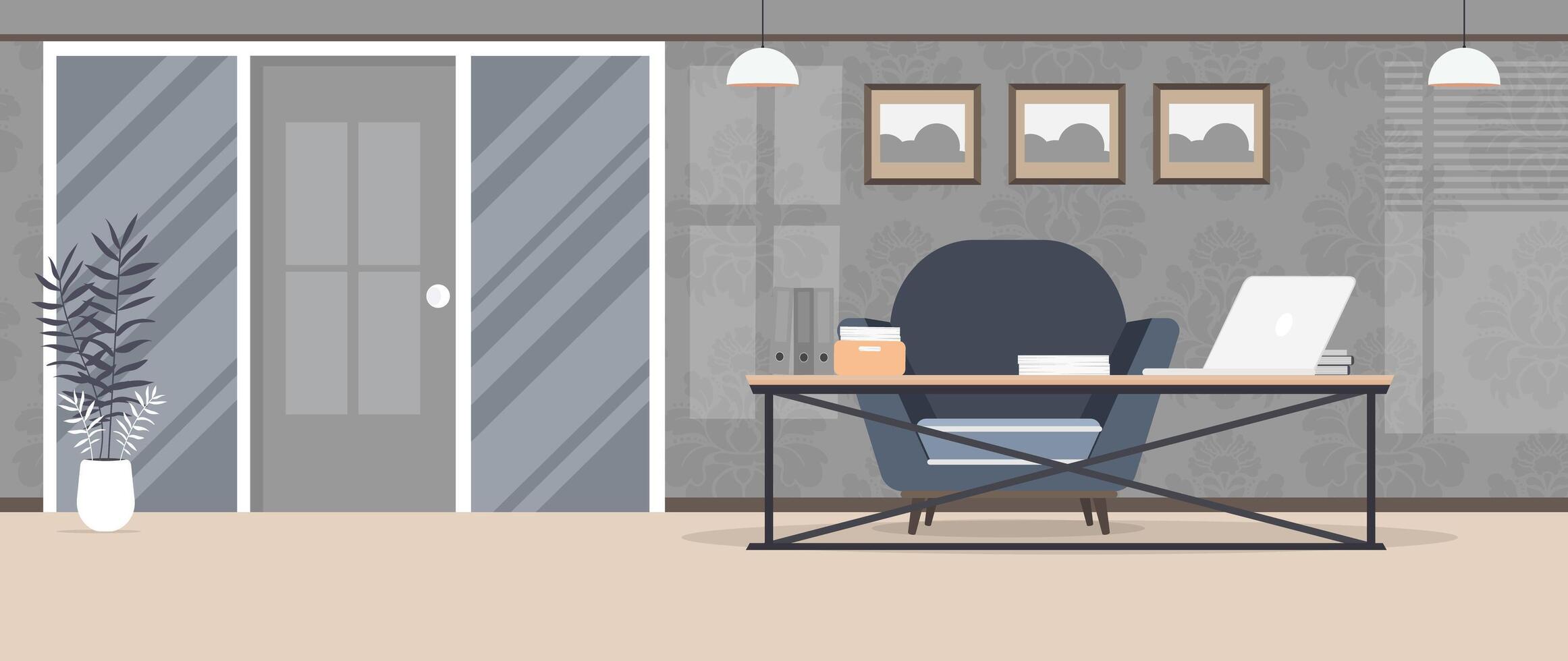 Loft style room. Bright room. Workplace.Table with laptop, books and documents. Flower in a pot, wooden cabinet, paintings. . vector