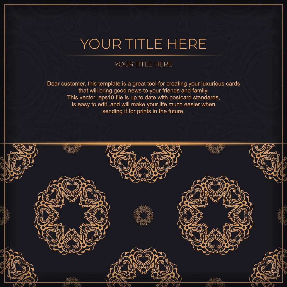 Black luxury invitation card design with vintage Indian ornament. Can be used as background and wallpaper. Elegant and classic vector elements ready for print and typography.