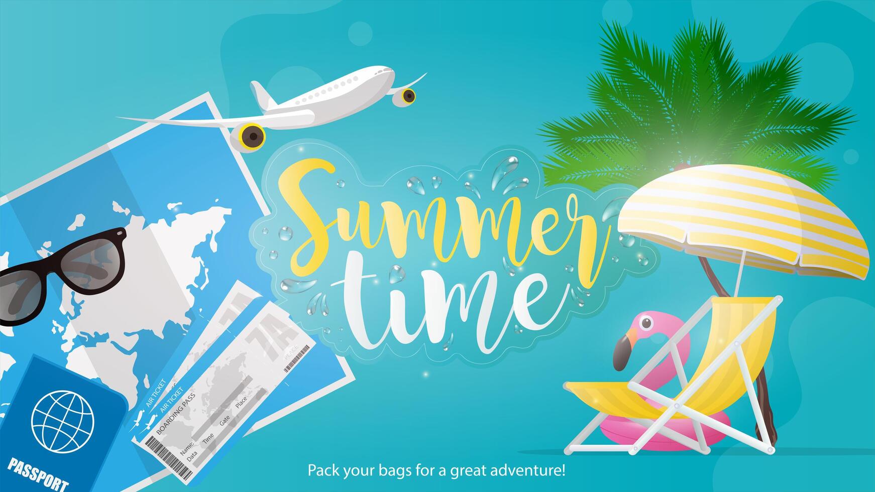 Summer time. The banner is blue. World map, sun glasses, airplane thumbnail, beach deck chair and umbrella. An inflatable circle in the form of a pink flamingo. Vector illustration.