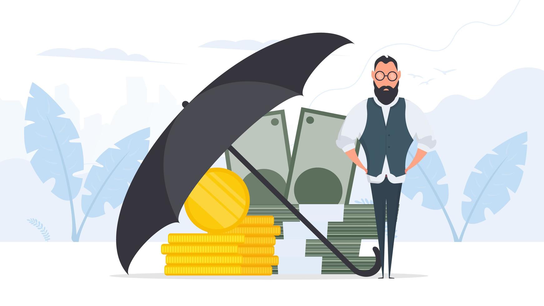 Businessman under an umbrella. Business conservation concept. Business is protected from risks. Isolated. Vector. vector