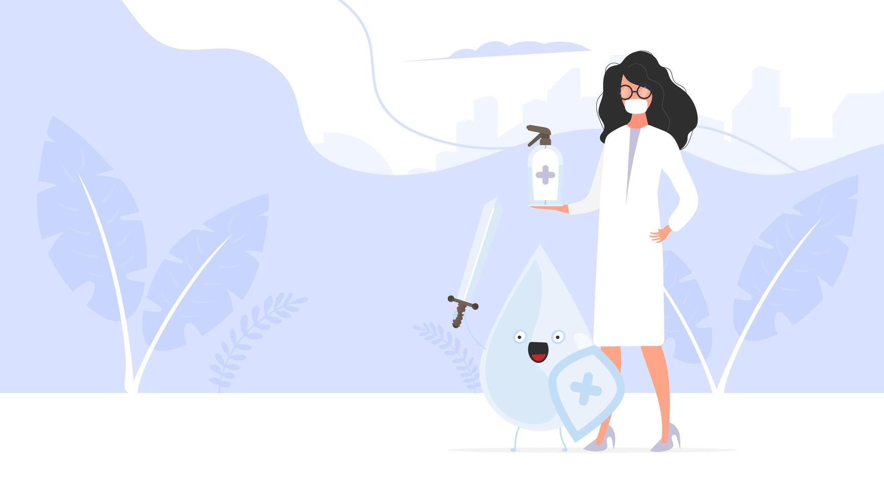 Girl doctor holds a sanitizer in her hands. Medical woman in a white coat. A drop with a sword and shield surrounded by virus molecules. Disinfectant in flat style. vector