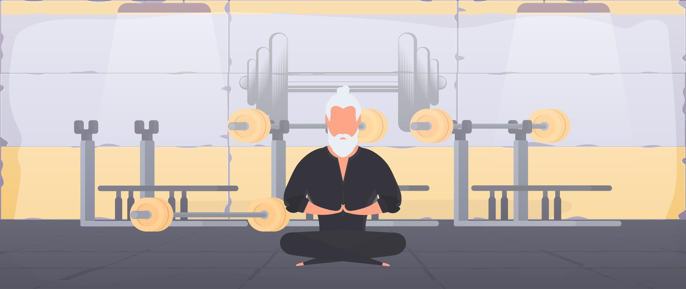 un hombre con un kimono negro medita. maestro de kung fu. el chico está haciendo yoga. vector. vector
