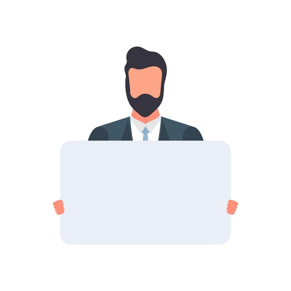 The guy with the glasses. Blank poster with place for text. Young male holding a clean banner isolated on a white background. The teenage guy shows the poster. Vector. vector
