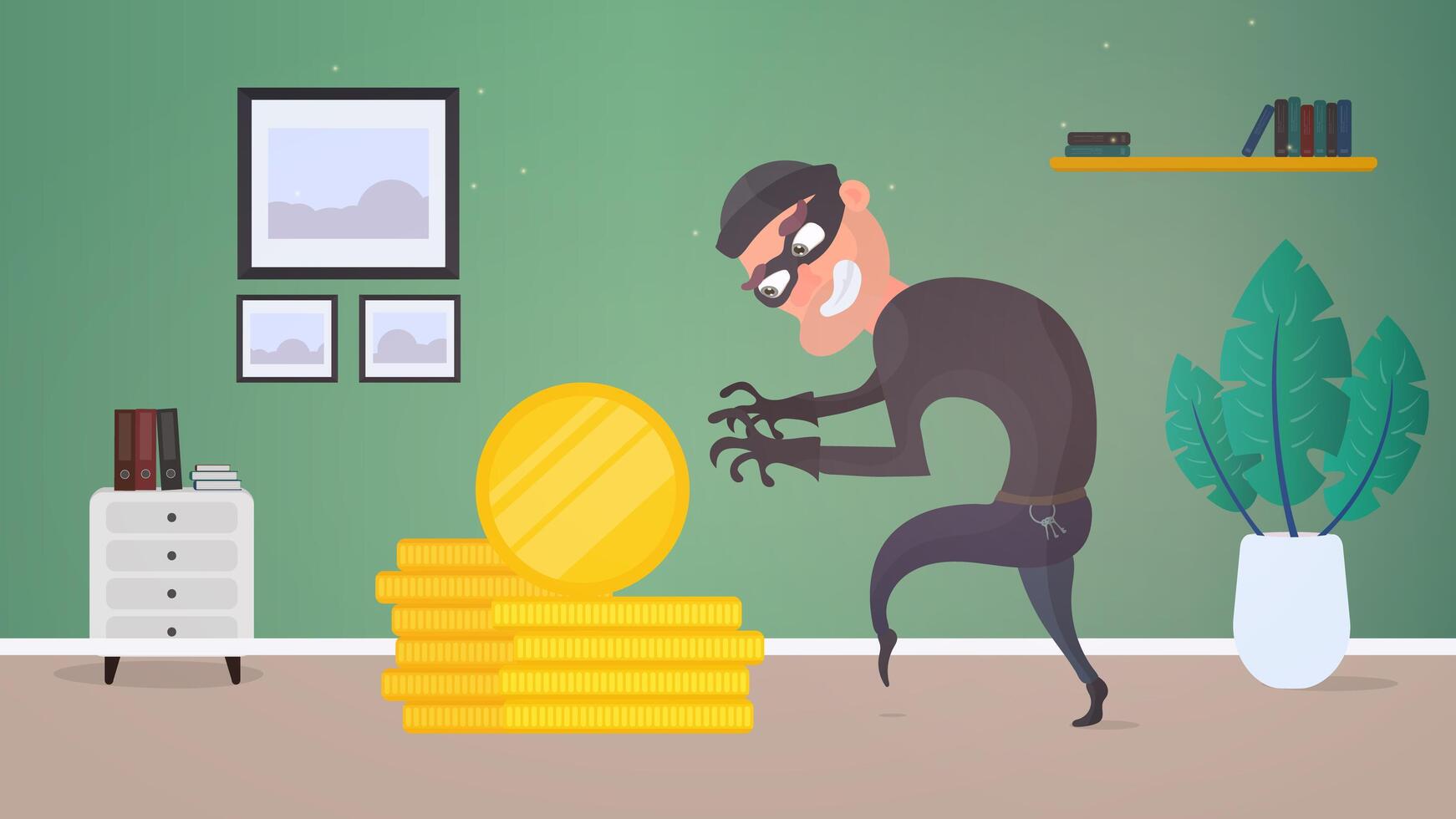 el ladrón roba dinero. el criminal roba monedas de oro. concepto de seguridad de robo y finanzas. estilo plano, vector. vector