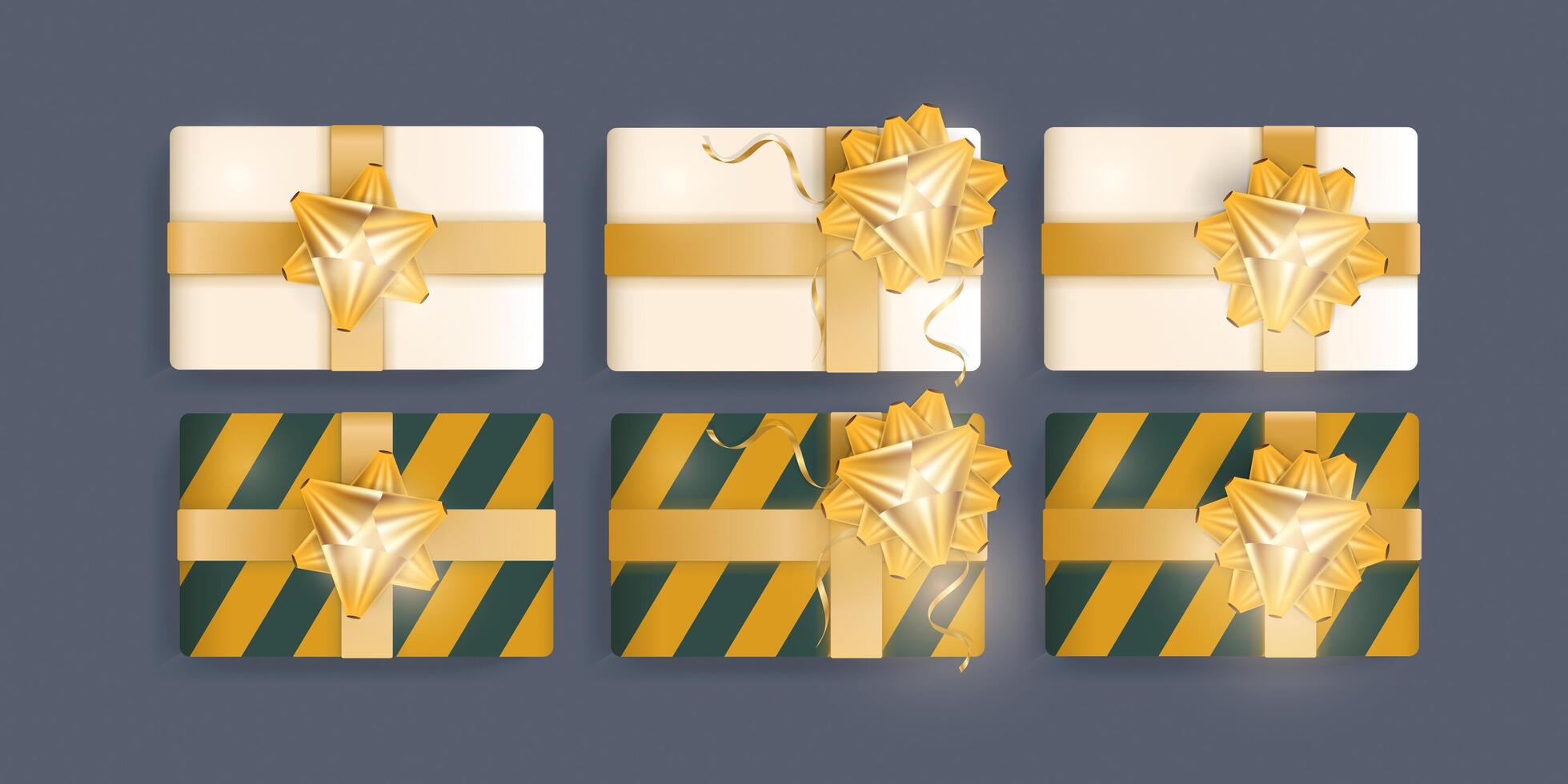 Set of realistic gifts with gold ribbon and bow. View from above. . vector