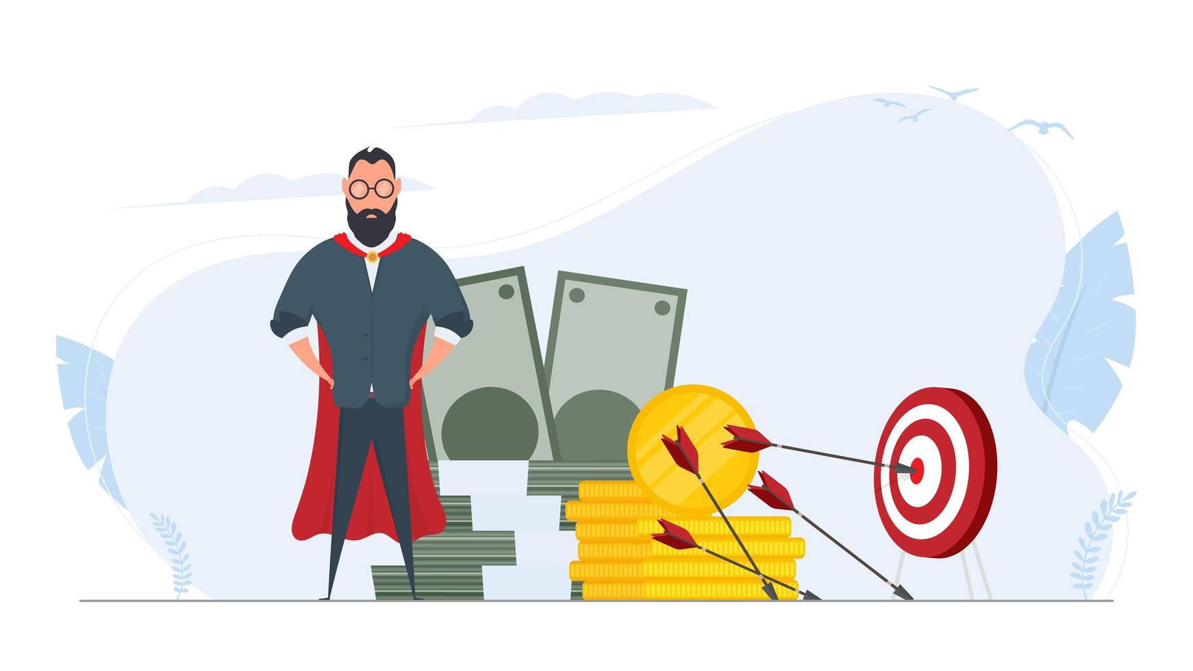 The businessman hits the target. Hit the center of the target with an arrow. Businessman with a mountain of money. Business concept of motivation and achievement. . vector