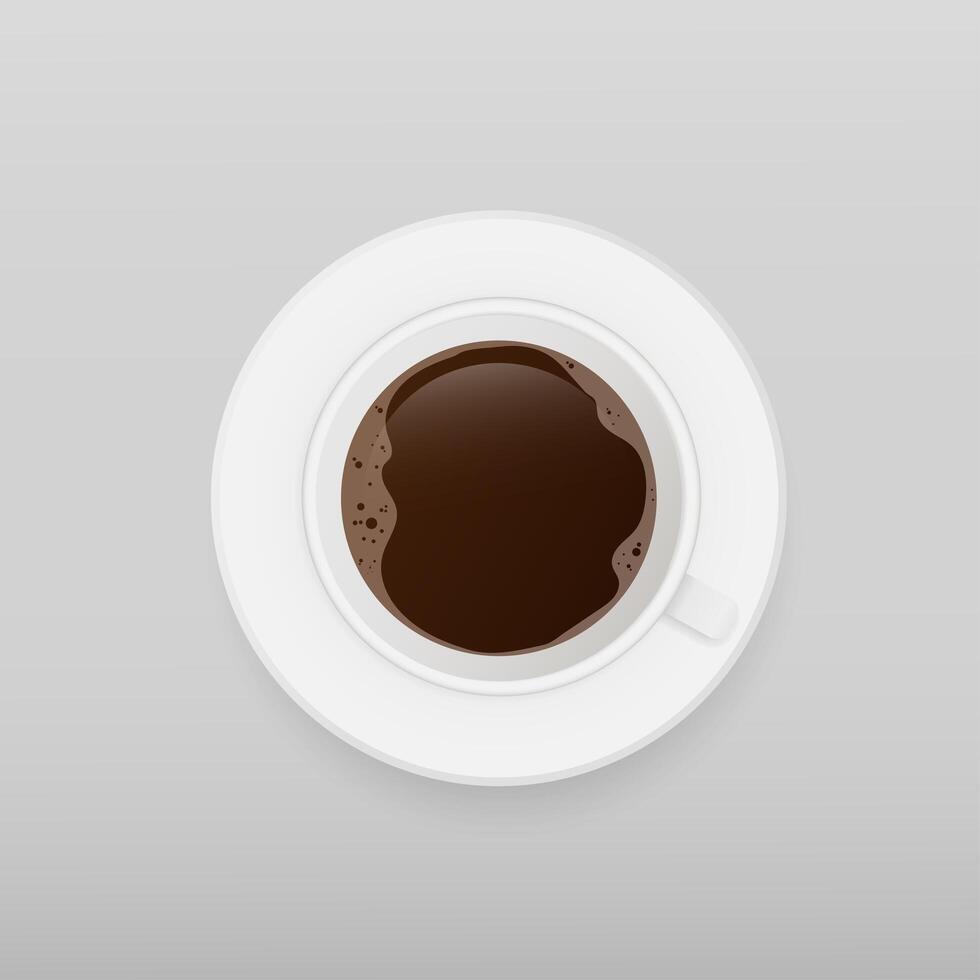 Realistic cup with coffee . White cup on a saucer top view. Espresso isolated on a white background. vector