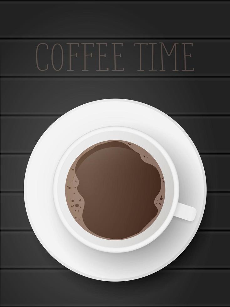 A realistic cup of coffee view from above. The cup is on a wooden table. Black wooden table. Vector. vector