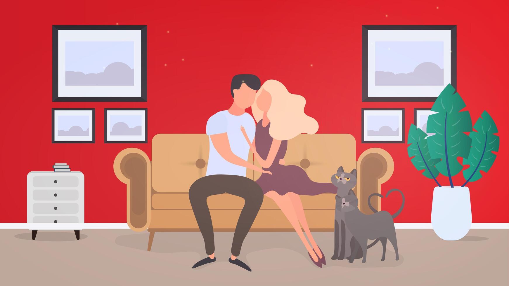 Loving couple sitting on the sofa in the room. Lovers hug each other. Suitable for the design of cards, banners and posters on the theme of love and Valentine's Day. Vector. vector