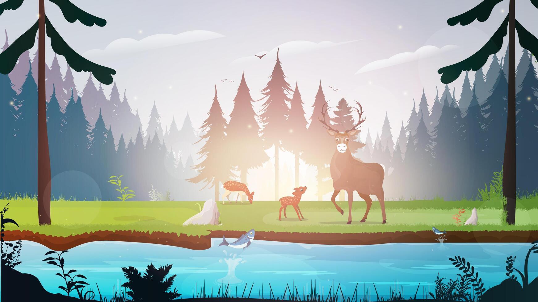 Beautiful panorama landscapes of Countryside in autumn, Panoramic of mid autumn with sunset, Silhouette of deers in the forest during autumn season, Natural background vector