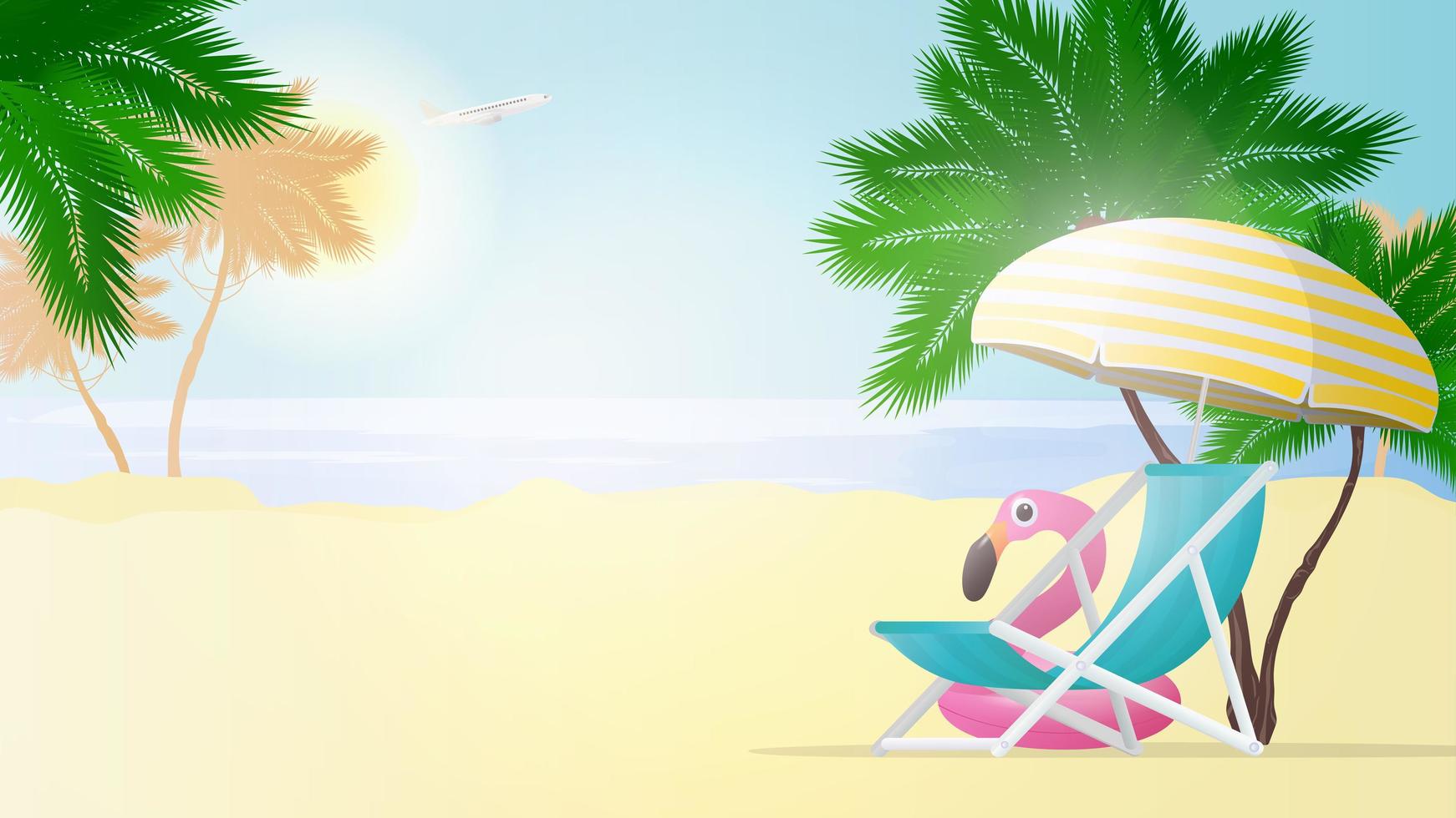 Vector illustration of a beach. Beach chair and sun umbrella with yellow stripes. Palm trees and pink flamingo swimming circle.