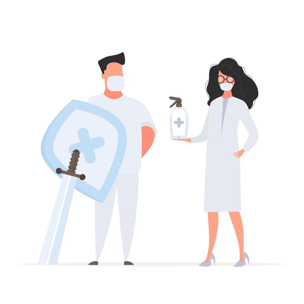 Man and Girl doctor. Medics in medical masks. Spray bottle. Sanitizer in a flat style. Vector. vector