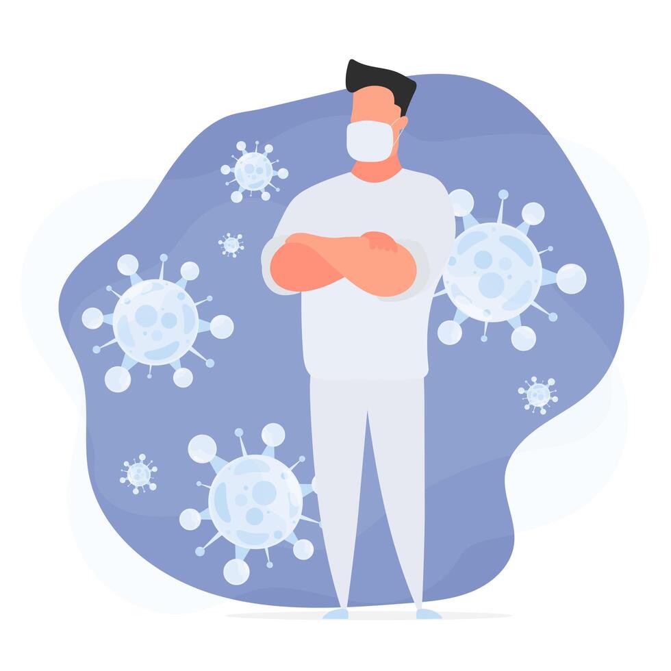 A medic in a white suit is surrounded by a virus. Doctor in a medical mask. Coronavirus molecule close up. Vector. vector