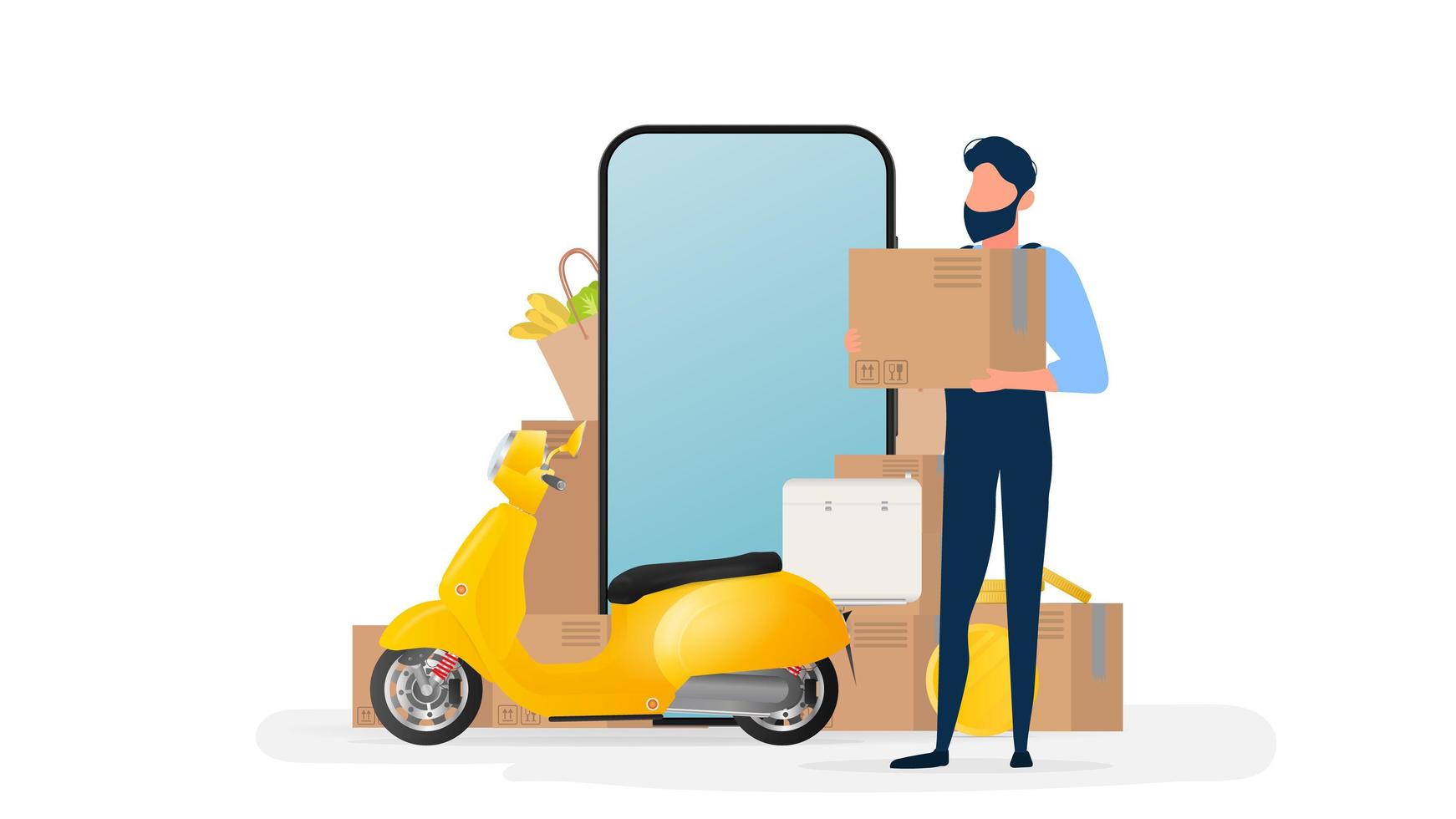 Collage on the theme of delivery. The guy is holding a box. Yellow scooter with food shelf, telephone, gold coins, cardboard boxes, paper grocery bag. vector