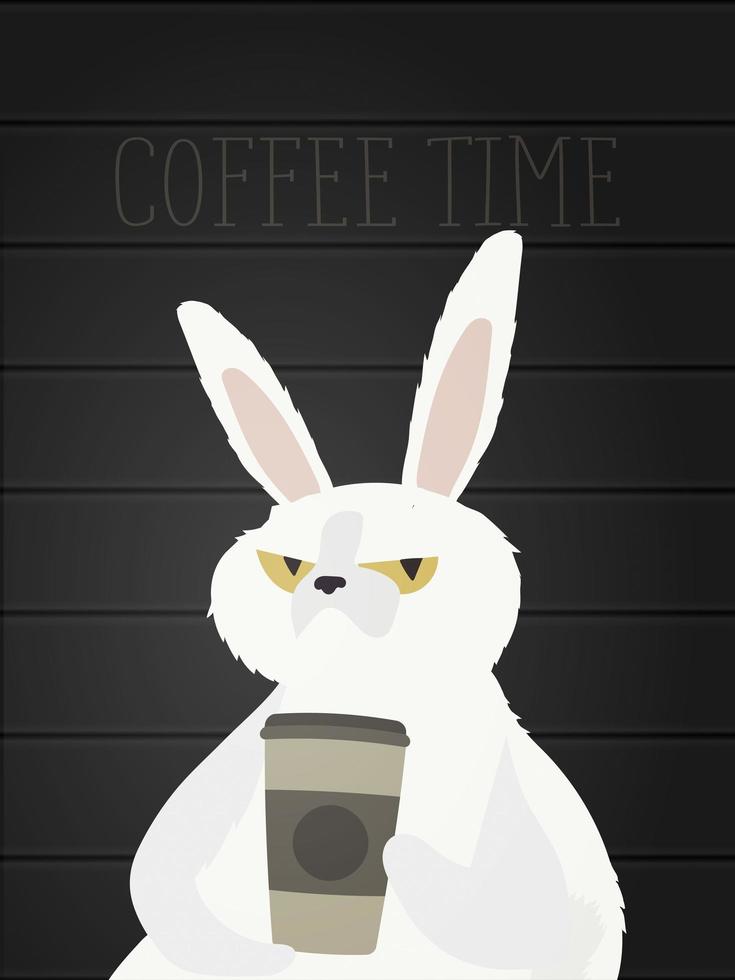 Funny rabbit with a serious look. A hare with a sleepy look and a paper cup of coffee in its paws. vector