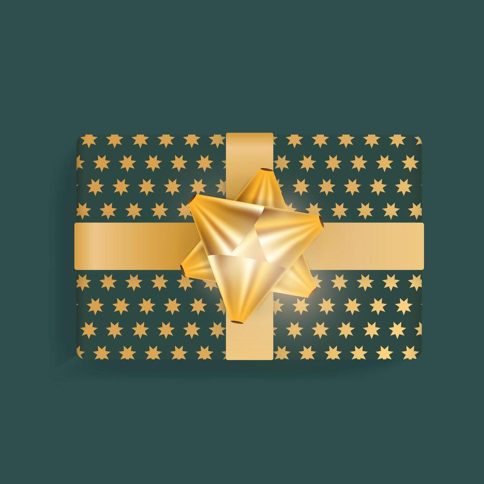 Realistic green gift box with gold stars, gold ribbons and bow. View from above. Vector illustration.