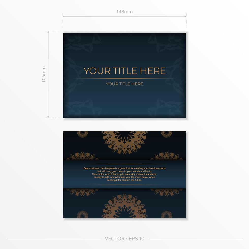 Dark blue postcard template with abstract ornament. Elegant and classic elements are great for decorating. Vector illustration.