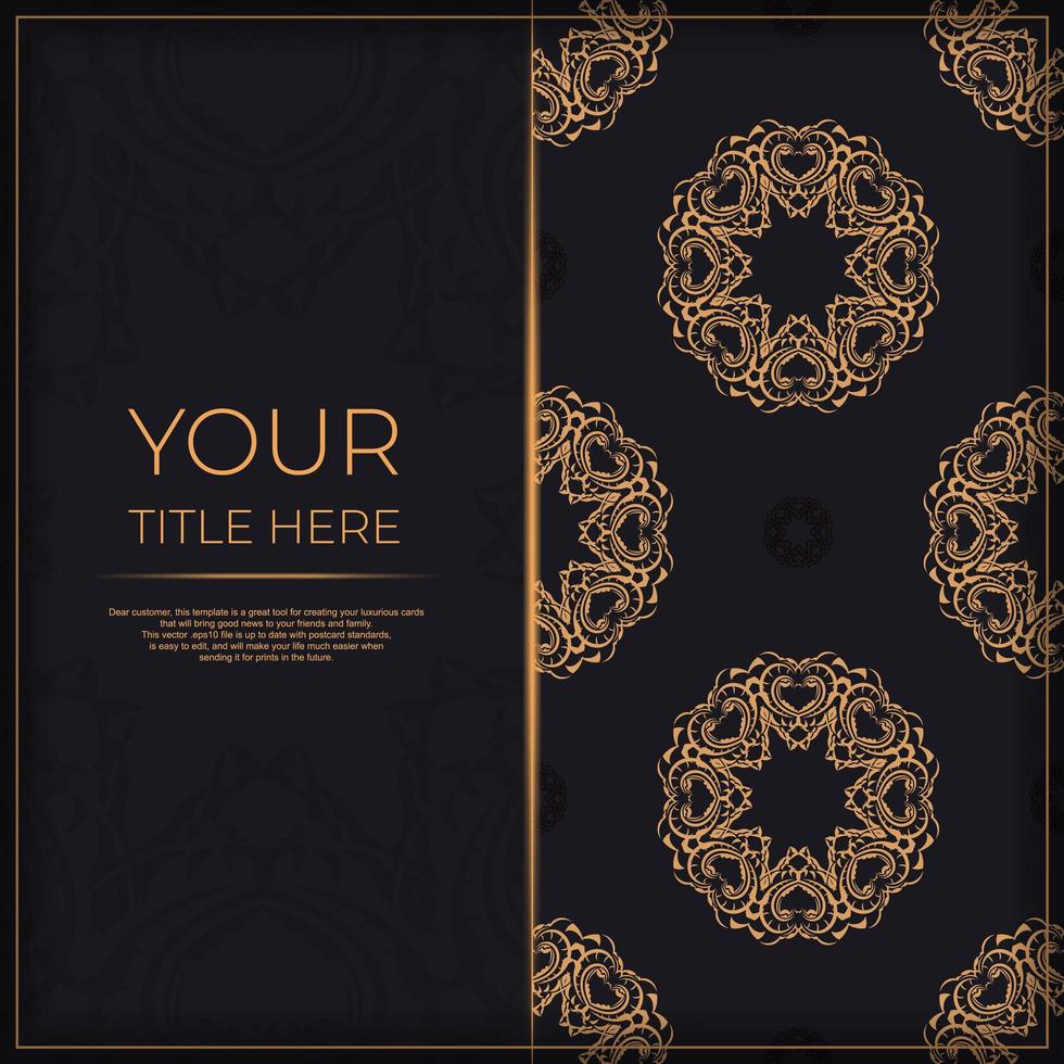 Black luxury postcard design with gold vintage ornament. Can be used as background and wallpaper. Elegant and classic vector elements are great for decoration.