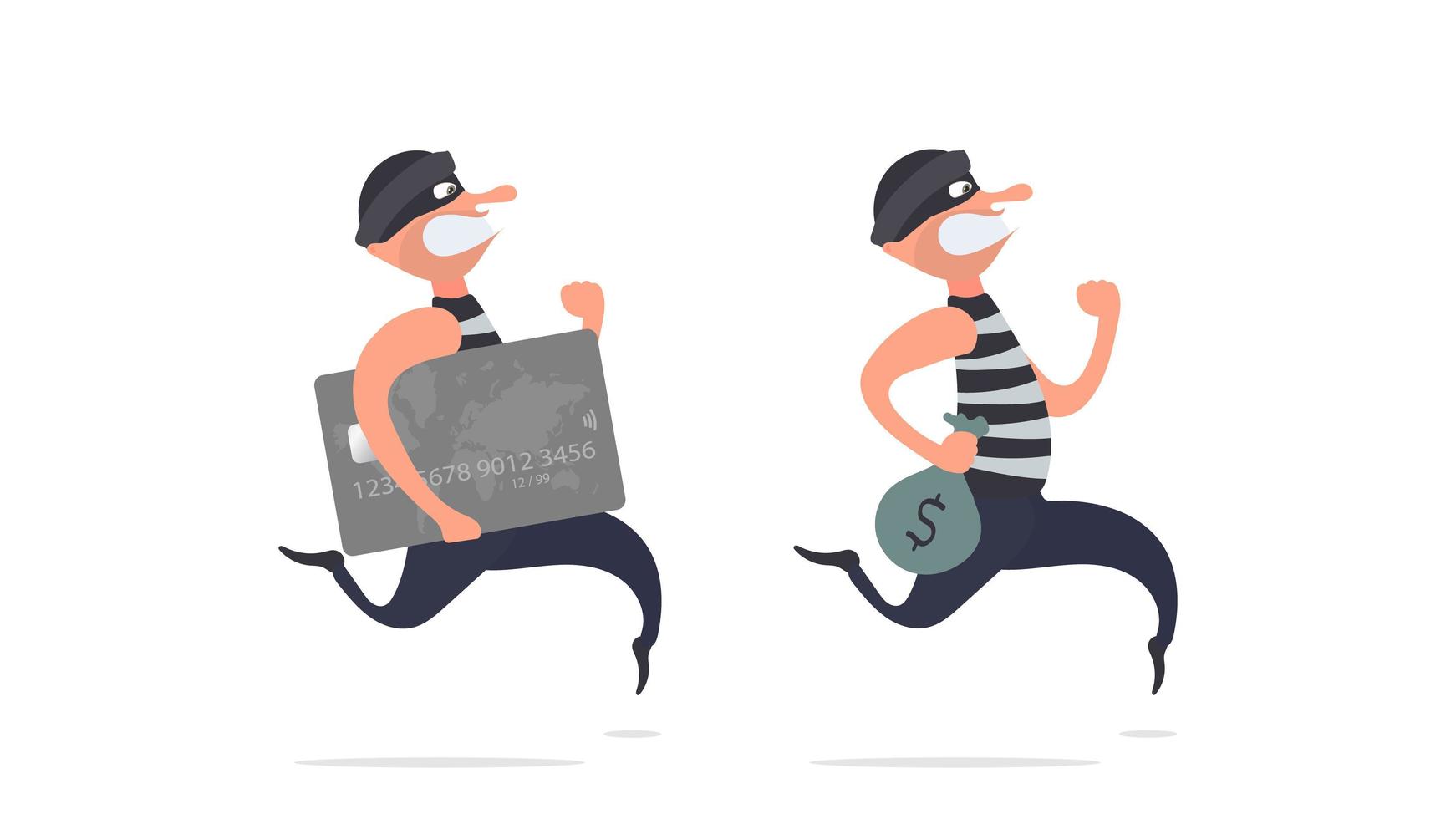 Set of running criminals. Burglar escapes with a credit card. Cartoon style illustration. Good for security, robbery and fraud. Isolated. Vector. vector